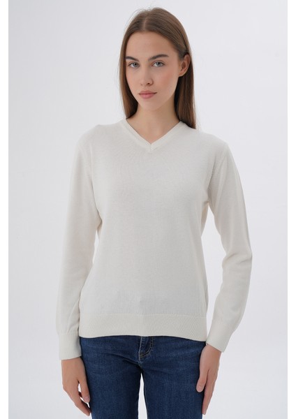 Kadın Ekru %100 Organik Pamuk V Yaka Triko Kazak Bluz TRIST-6102