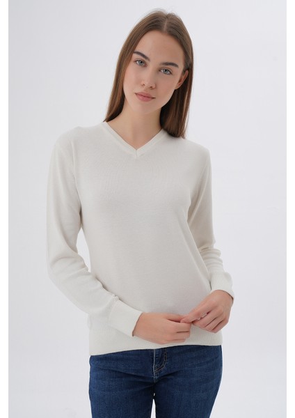 Kadın Ekru %100 Organik Pamuk V Yaka Triko Kazak Bluz TRIST-6102