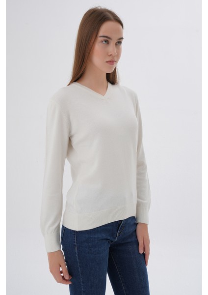 Kadın Ekru %100 Organik Pamuk V Yaka Triko Kazak Bluz TRIST-6102