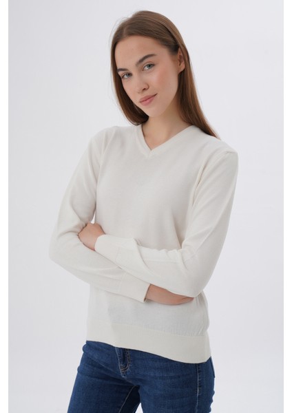 Kadın Ekru %100 Organik Pamuk V Yaka Triko Kazak Bluz TRIST-6102