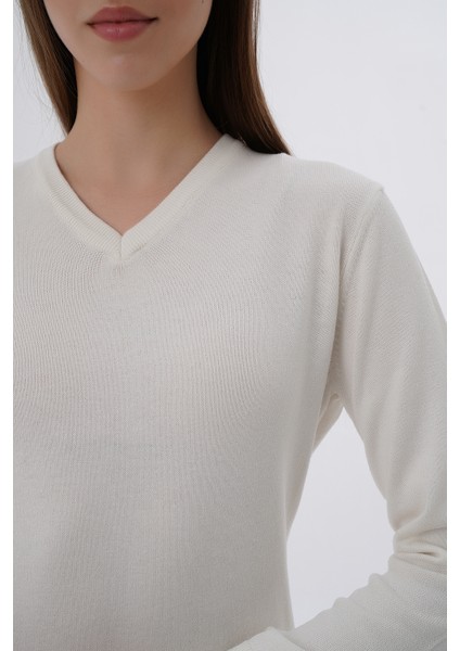 Kadın Ekru %100 Organik Pamuk V Yaka Triko Kazak Bluz TRIST-6102