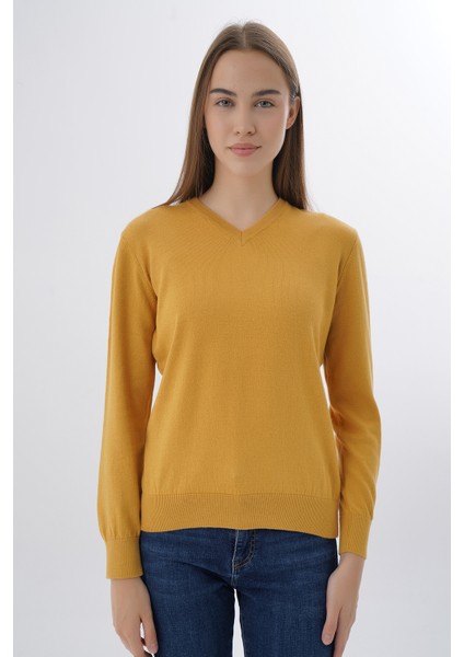 Kadın Hardal %100 Organik Pamuk V Yaka Triko Kazak Bluz TRIST-6102