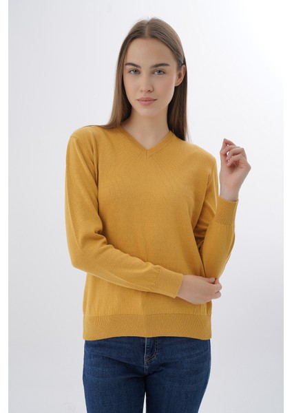 Kadın Hardal %100 Organik Pamuk V Yaka Triko Kazak Bluz TRIST-6102