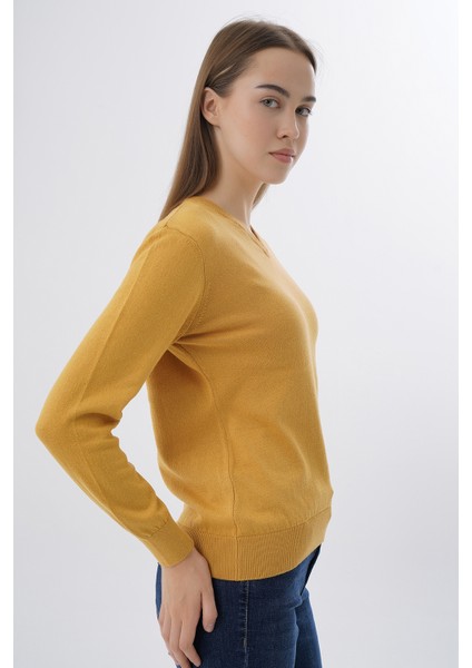 Kadın Hardal %100 Organik Pamuk V Yaka Triko Kazak Bluz TRIST-6102