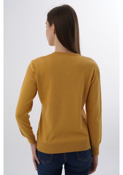 Kadın Hardal %100 Organik Pamuk V Yaka Triko Kazak Bluz TRIST-6102