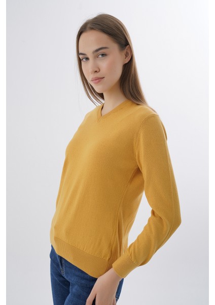 Kadın Hardal %100 Organik Pamuk V Yaka Triko Kazak Bluz TRIST-6102