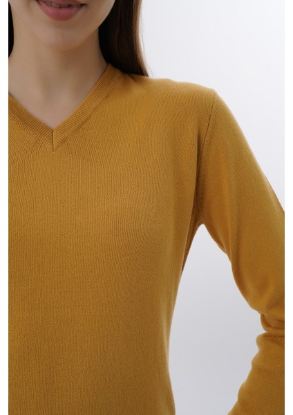 Kadın Hardal %100 Organik Pamuk V Yaka Triko Kazak Bluz TRIST-6102
