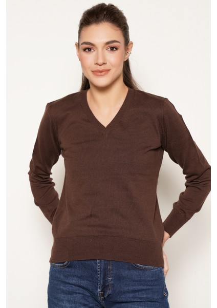 Kadın Kahve %100 Organik Pamuk V Yaka Triko Kazak Bluz TRIST-6102