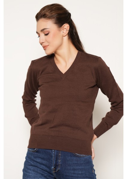 Kadın Kahve %100 Organik Pamuk V Yaka Triko Kazak Bluz TRIST-6102 fiyatları