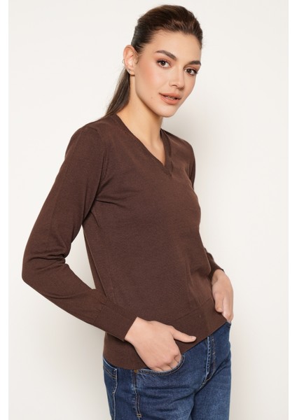 Kadın Kahve %100 Organik Pamuk V Yaka Triko Kazak Bluz TRIST-6102 modelleri