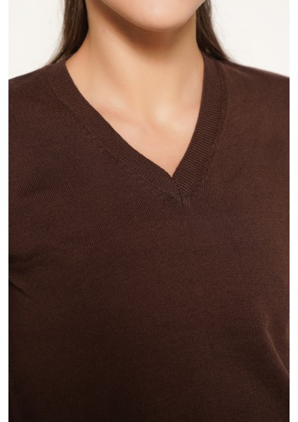 Kadın Kahve %100 Organik Pamuk V Yaka Triko Kazak Bluz TRIST-6102 fırsatları