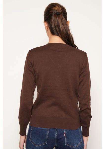Kadın Kahve %100 Organik Pamuk V Yaka Triko Kazak Bluz TRIST-6102 indirimleri