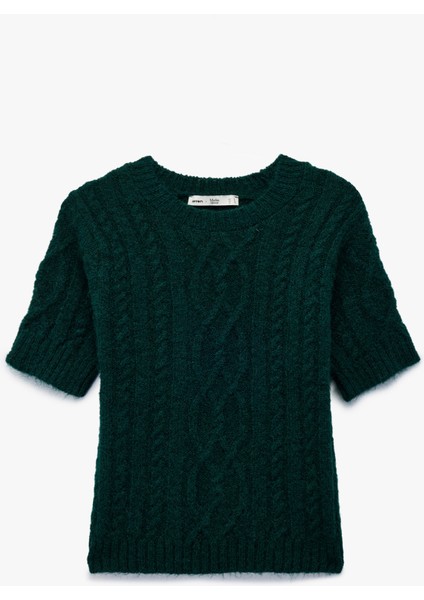 x Melis Ağazat - Regular Fit Kısa Kollu Bisiklet Yaka Saç Örgü Triko Kazak