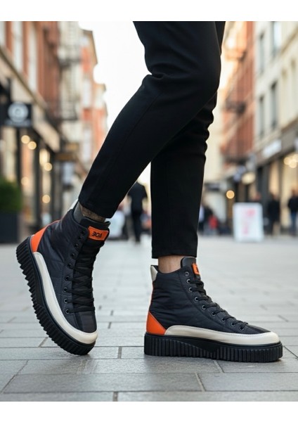 ET0811 Yüksek Siyah Taban Paraşüt Kumaş Turuncu Cilt Detaylı Yarım Bilek Spor Bot