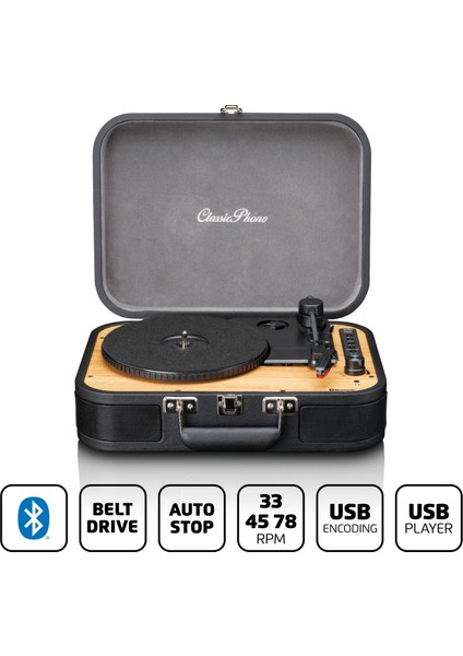 Classic Phono TT-114 BK Gri Hoparlörlü Bluetoothlu Retro Pikap Plak Çalar USB fiyatları