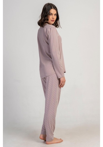 Kadın Açık Kahve Renk Uzun Kollu Bisiklet Yaka Baskılı Üst Puantiyeli Alt Pijama Takımı C9T0N0305 fiyatları