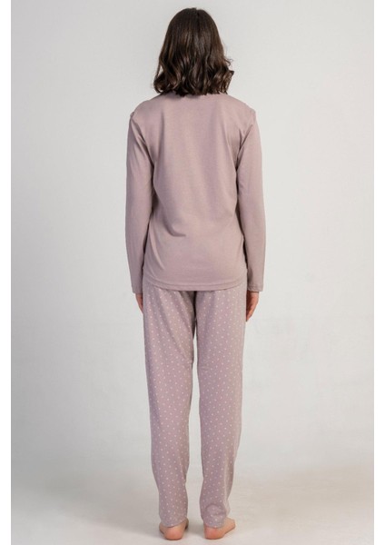 Kadın Açık Kahve Renk Uzun Kollu Bisiklet Yaka Baskılı Üst Puantiyeli Alt Pijama Takımı C9T0N0305 fırsatları