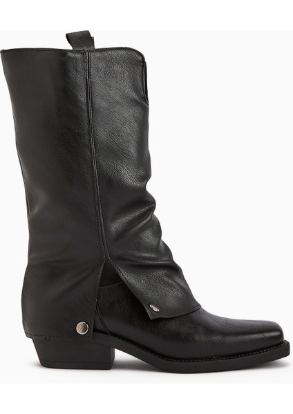 Fadia Siyah Küt Burunlu Körüklü Kadın Çizme