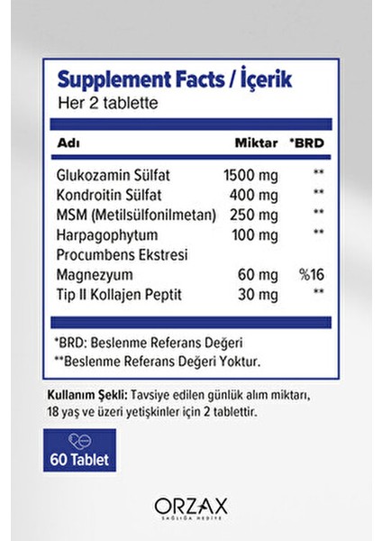 Glukozamin Kompleks 60 Tablet Takviye Edici Gıda Kolajen ve MSM İçerikli modelleri