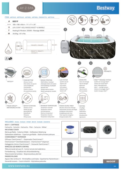 Lay-Z-Spa® 6001F Hollywood Energy-Efficient Luxe Airjet™ Şişme Spa Havuzu, LED Işıklı, 4-6 Kişilik