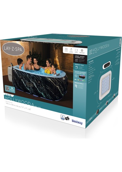 Lay-Z-Spa® 6001F Hollywood Energy-Efficient Luxe Airjet™ Şişme Spa Havuzu, LED Işıklı, 4-6 Kişilik