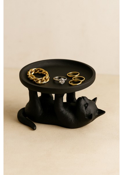 Siyah Kedi Figürlü Sunumluk Banyo Sabunluk, Kahvaltı Tabağı, Takı Organizeri, Mumluk 14 x 14 cm