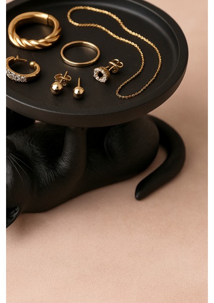 Siyah Kedi Figürlü Sunumluk Banyo Sabunluk, Kahvaltı Tabağı, Takı Organizeri, Mumluk 14 x 14 cm