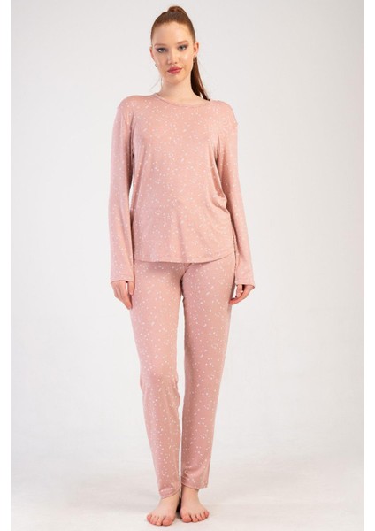 Kadın Pembe Renk Uzun Kollu Puantiyeli Pijama Takımı C5T0N1205