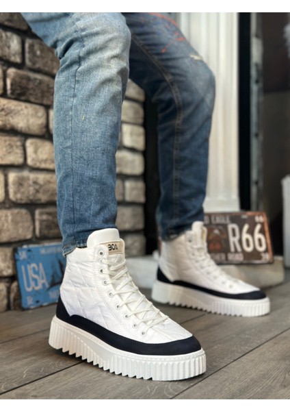 ET0811 Yüksek Taban Beyaz Paraşüt Kumaş Lacivert Cilt Detaylı Erkek Ayakkabı