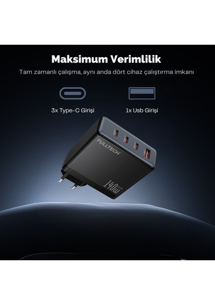140W Gan Hızlı Şarj Adaptörü, Süper Hızlı Şarj Cihazı, 3x Type-C Girişi, 1x USB Girişi, Güçlü Performans, Şarj Başlığı, Aşırı Gerilim, Kısa Devre, Isınma ve Akım Koruması modelleri
