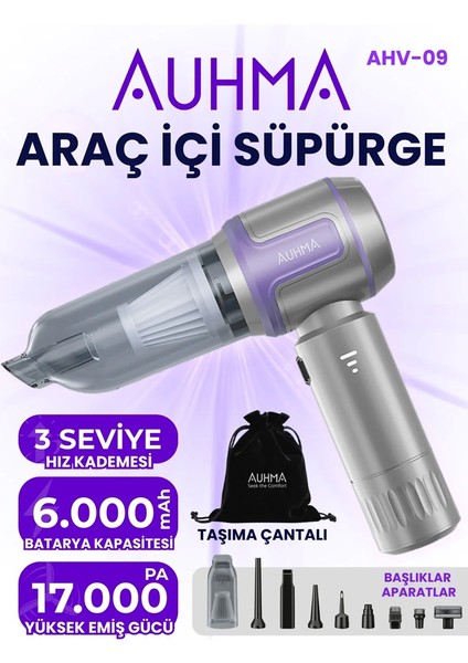 AHV-09 Kablosuz Taşınabilir Araç İçi El Süpürgesi | 17000PA Güçlü Vakum | 4’ü 1 Arada Çok Amaçlı Temizlik
