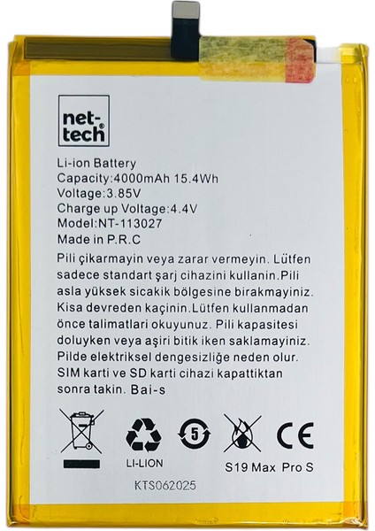 Teknonet Reeder S19 Max Pro S Uyumlu Nettech 4000 Mah Batarya