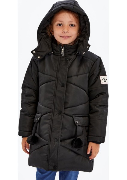 Kapüşonlu Kışlık Ponpon Detaylı Kız Çocuk Kaban 51354