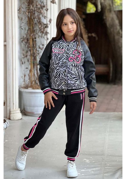 Kız Çocuk V Cool Yazı Baskılı Sweatshirt Zebra ve Pembe Şerit Detaylı Deri Eşofman Takım
