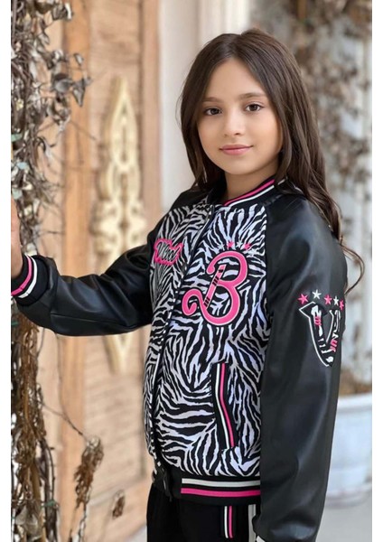 Kız Çocuk V Cool Yazı Baskılı Sweatshirt Zebra ve Pembe Şerit Detaylı Deri Eşofman Takım fırsatları