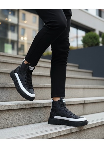 ET0811 Yüksek Taban Siyah Paraşüt Kumaş Beyaz Cilt Detaylı Yarım Bilek Spor Bot