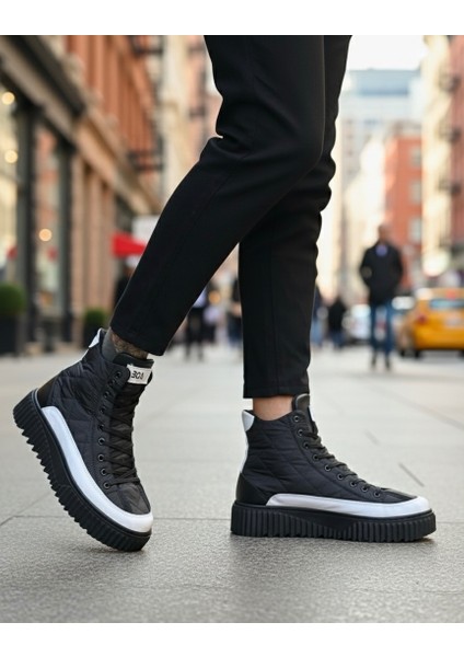 ET0811 Yüksek Taban Siyah Paraşüt Kumaş Beyaz Cilt Detaylı Yarım Bilek Spor Bot