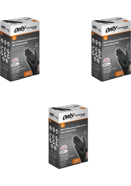 Only Evo Beyond Siyah Pudrasız Nitril Eldiven - Muayne Iş Eldiveni - Large - 100'LÜ 3 Paket