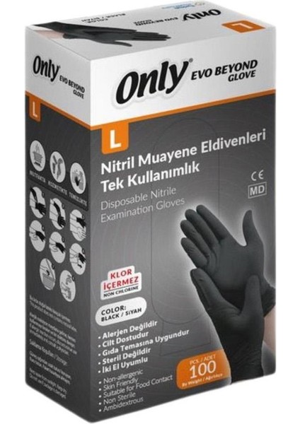 Only Evo Beyond Siyah Pudrasız Nitril Eldiven - Muayne Iş Eldiveni - Large - 100'LÜ 3 Paket fiyatları