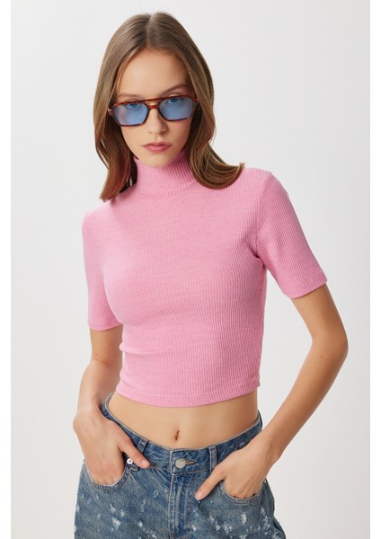 Dik Yaka Crop Fitilli Örme Bluz LUB0295 Pembe fiyatları