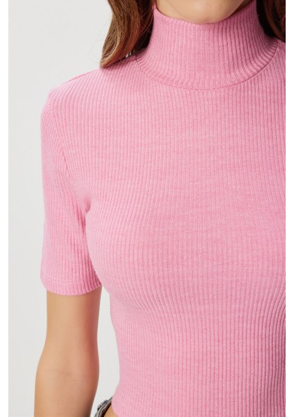 Dik Yaka Crop Fitilli Örme Bluz LUB0295 Pembe modelleri