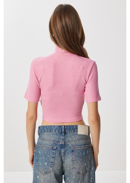 Dik Yaka Crop Fitilli Örme Bluz LUB0295 Pembe fırsatları