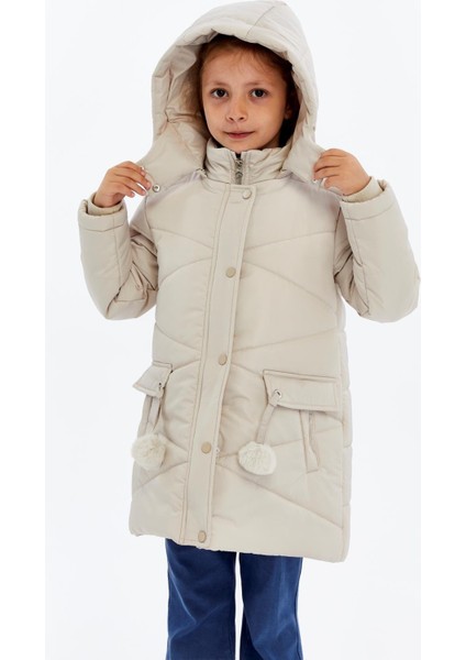 Kapüşonlu Kışlık Ponpon Detaylı Kız Çocuk Kaban 51354
