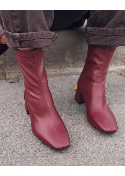 Jornel Kadın Topuklu Streç Bot Bordo Mat Deri