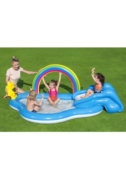 Gökkuşağı Fışkıyeli Kaydıraklı Havuz 257 x 145 cm Yumuşak Zeminli Eğlenceli Oyun Alanı fiyatları