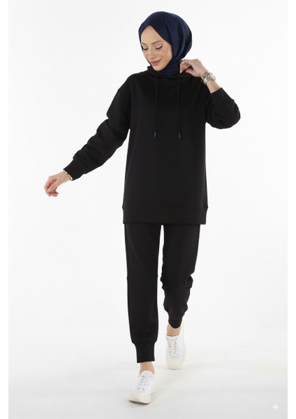 2299_PARMAK Yırtmaçlı Kapşonlu Tesettür Kadın Eşofman Takımı - Tesettür okul spor takım