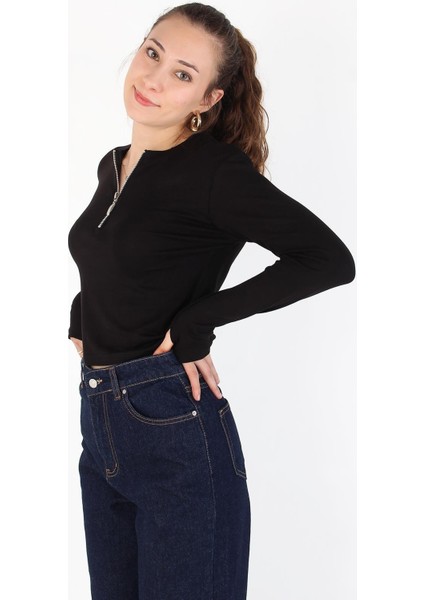 6492 (N-1783) Fermuarlı Uzun Kol Parmak Geçirmeli Body