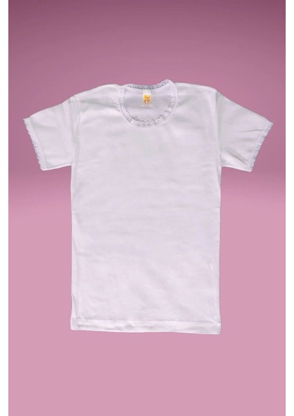 344 Kız Çocuk %100 Pamuk Penye Ribana Dantelli Yarım Kol Atlet-Beyaz