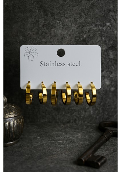 6 Lı Çelik Minimalist Enli Halka Küpe Seti