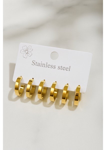 6 Lı Çelik Minimalist Enli Halka Küpe Seti modelleri